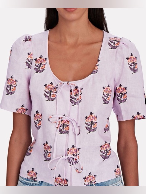 Neot Rhode Tara Tie-Front Floral Linen Top Size M